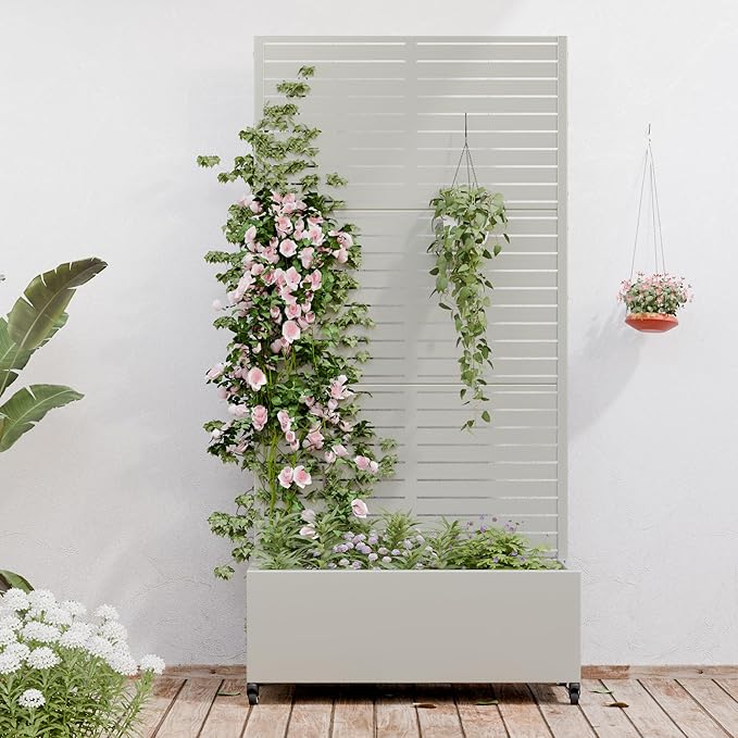 Casaphoria Metal Raised Garden Bed with Trellis and Wheels, 72"x35"x16" Planter Box for Climbing Plants, Vegetables & Vines, Features Drainage Holes and Privacy Screen (Grey-Louvered)