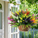 Geegoods Artificial Plants Flowers for Outdoor – 48 Bundles UV Resistant Faux Lavender Flowers with Monkey Grass for Garden Porch Window Patio Hanging Planter Decor
