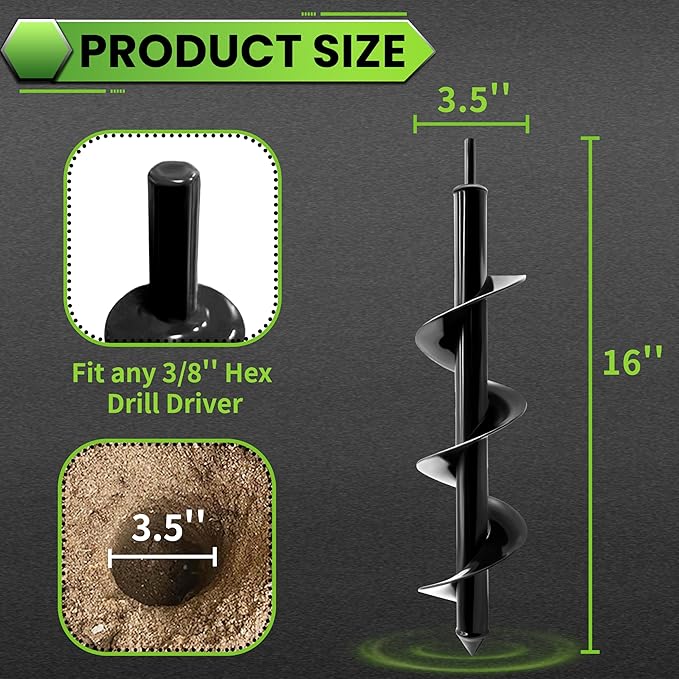 SYITCUN Auger Drill Bit for Planting - 3.5"X16" Heavy-Duty Garden Auger Spiral Drill Bit - Bulb Planter Tool & Auger Post Hole Digger - 3/8" Hex Drive Drill