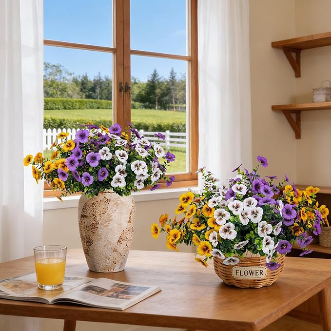 17 Inch Artificial Faux Pansy Flowers for Outdoor,Fake Pansies Flowers with Eucalyptus Leaves Fake Plants Greenery Boxwood Porch Patio Decor 6 Bundles(Light Purple,Dark Yellow,White)