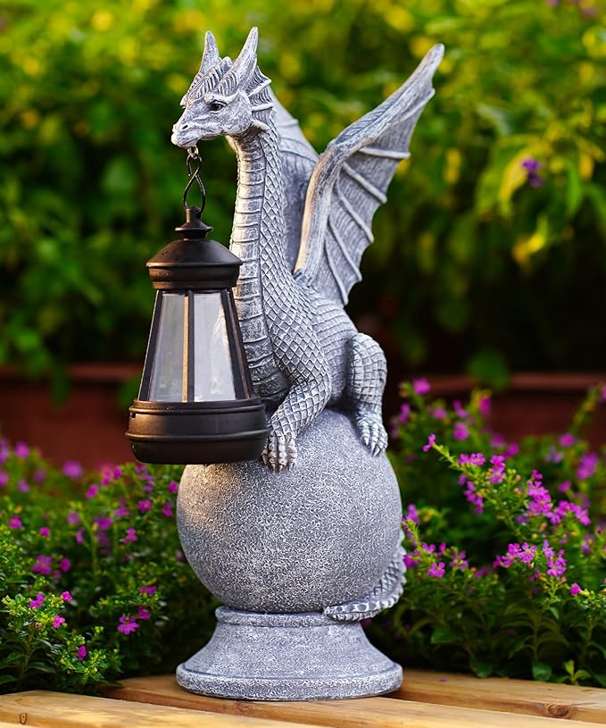 Solar Garden Dragon Statue: Outdoor Figurine with Lantern Lights Weatherproof Resin Decorations for Home Yard Lawn Porch Balcony Patio - Mothers Day Gifts for Mom Women Grandma