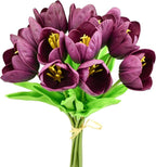 Mandy's Grape Purple Partially Open Artificial Tulips Flowers Centerpiece, 13.5" Lifelike PU Fake Floral Stems 12pcs for Kitchen Island & Dining Table, Spring Decor for Easter