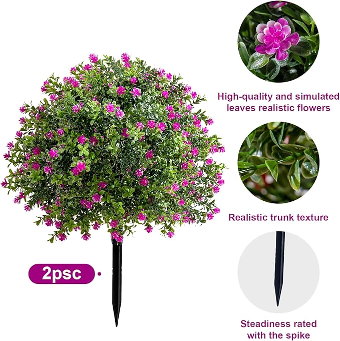 Bailikang 2PCS Artificial Rose Boxwood Topiary Ball Bush with Ground Spike Fake Evergreen Shrubs Bushes Plants UV Resistant Faux Greenery Shrubs, Fake Rose&Green Boxwood Plants for Garden, Yard, Porch
