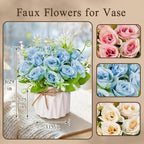 Artificial Flowers Fake Roses with Small Ceramic Vase - Desktop Decoration for Dining Tables, Living Rooms, Bedrooms, Offices for Weddings, Birthdays, Home Decor (Blue)