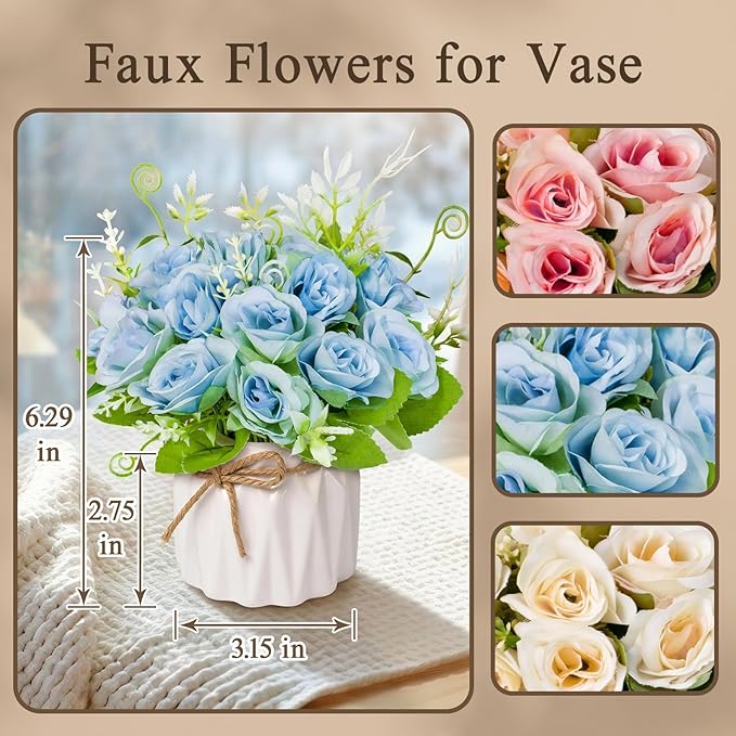 Artificial Flowers Fake Roses with Small Ceramic Vase - Desktop Decoration for Dining Tables, Living Rooms, Bedrooms, Offices for Weddings, Birthdays, Home Decor (Blue)
