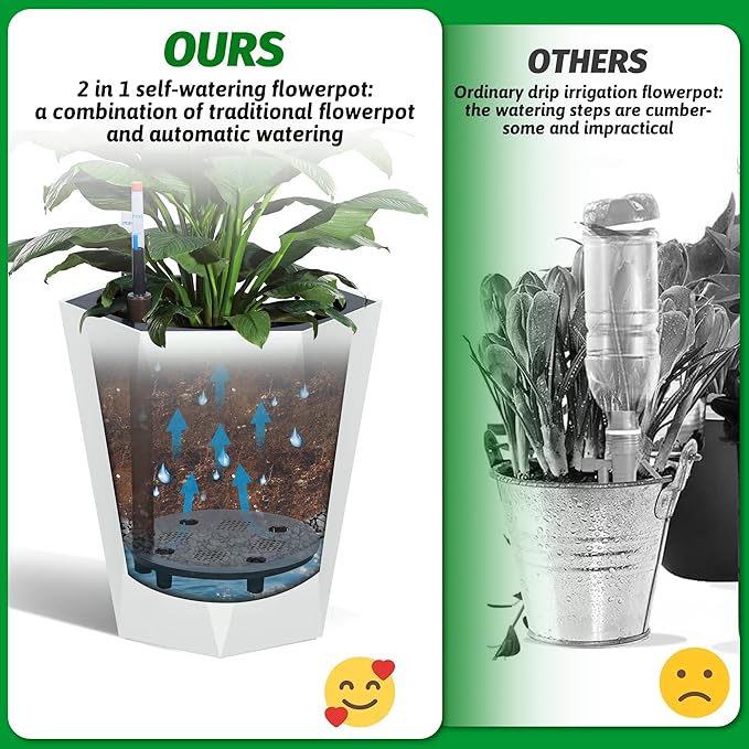16 in Self Watering Planters Set of 2, Tall Diamond Design, with Water Level Monitor, Indoor Outdoor Flower Pots for Patio, Porch, Living Room, Home Office