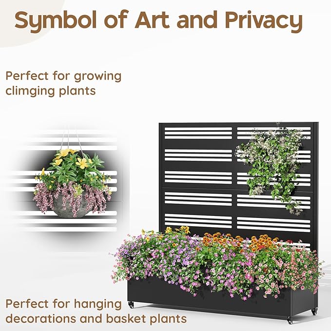 Metal Raised Garden Bed Trellis Large Outdoor Planter Box for Patio,Balcony Privacy Planters for Patio 48.4" x 47"x 15.7 Wheels Drainage Holes,for Climbing Vegetables,Flowers,Vines（Black）