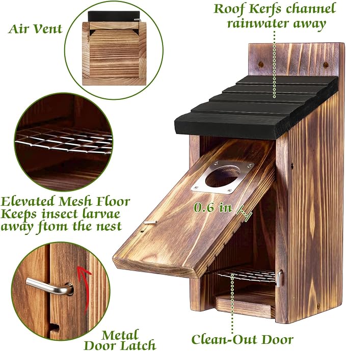 Dreyoo 2 Pack Bluebird Box Houses for Outside,1-1/2'' Entrance Hole Wooden Bird Houses with Metal Guard, Secure Latch,Fledgling Grooves,Air Vents for Bluebird Wren Swallow (Black Roof,Burnt Wood Body)