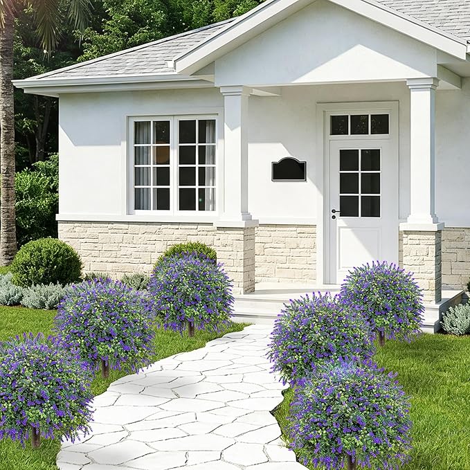 Set of 2 Artificial Lavender Boxwood Topiary Ball Trees with Ground Spike, 27.5" UV Resistant Faux Evergreen Shrubs, Purple Green Fake Bushes for Indoor Outdoor Front Porch Garden Patio Yard Decor
