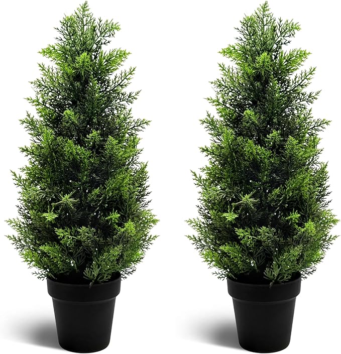 Two 2FT Artificial Cedar Trees, Beautiful and Realistic Fake Potted Trees,Artificial Evergreen Front Porch Decorations Plants, Suitable for Indoor, Office, Living Room and Room Decoration
