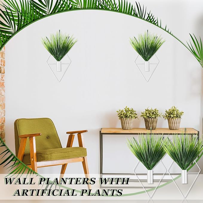 Canlierr 2 Pieces White Wall Decor Hanging Planters with Artificial Plants Metal Hanging Vase Indoor Plants Holder Modern Geometric Wall Art for Bathroom Bedroom Living Room Decor(Aquatic Plant)