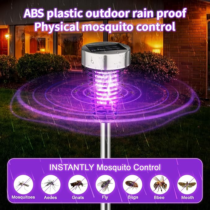 Qualirey 12 Pack Solar Bug Zapper Outdoor Waterproof Mosquito Repellent Killer Bug Zapper Lamp with LED Light for Outdoor Garden Patio Yard (Purple and Warm Light,Silver)