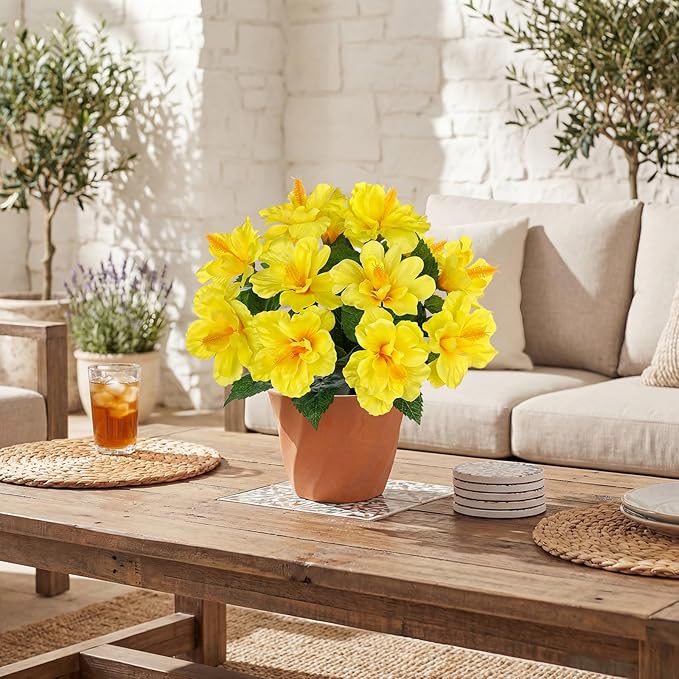 Briful Artificial Hibiscus Flowers in Pot, 14.1" Faux Tropical Flower Plant for Outdoor Porch, Potted Yellow Hibiscus Tabletop Decor for Living Room, Dining Table, Kitchen, Office, Indoor Home Décor