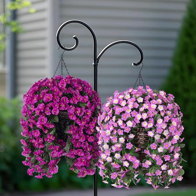 Artificial Hanging Daisy Flowers Plants Baskets for Outdoor Decoration, Fake Silk Light Fuchsia Mums Orchid Trailing Vines in Planter Realistic UV Resistant for Balcony Porch Decor