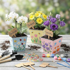 6 Sets Garden Flower Pots Crafts Kit DIY Spring Stainless Steel Pots with Acrylic Paint Stickers Brushes Plant Labels Gardening Tools Kit for Planting Crafts Spring Birthday Easter Gift