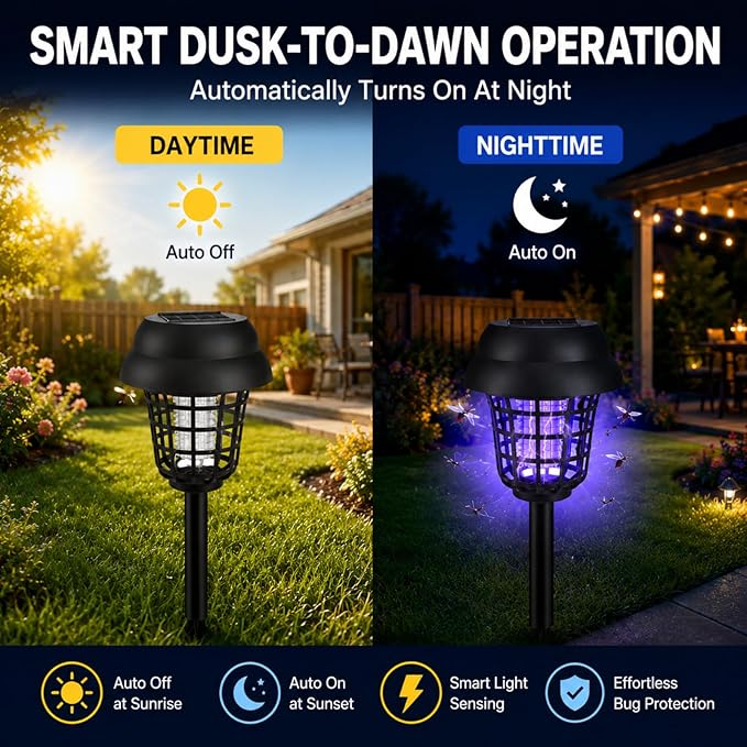 4 Pack Solar Bug Zapper Outdoor Waterproof Solar Powered Mosquito Zapper Repellent Outdoor Patio,Cordless & Auto On/Off Purple White Light Small Fly Insect Zappers for Garden Backyard