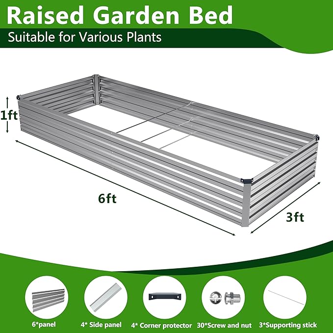 2PCS 6x3x1ft Galvanized Raised Garden Bed,Outdoor Planter Box Metal Patio Kit Planting Bed for Vegetables Flowers Herb,Silver