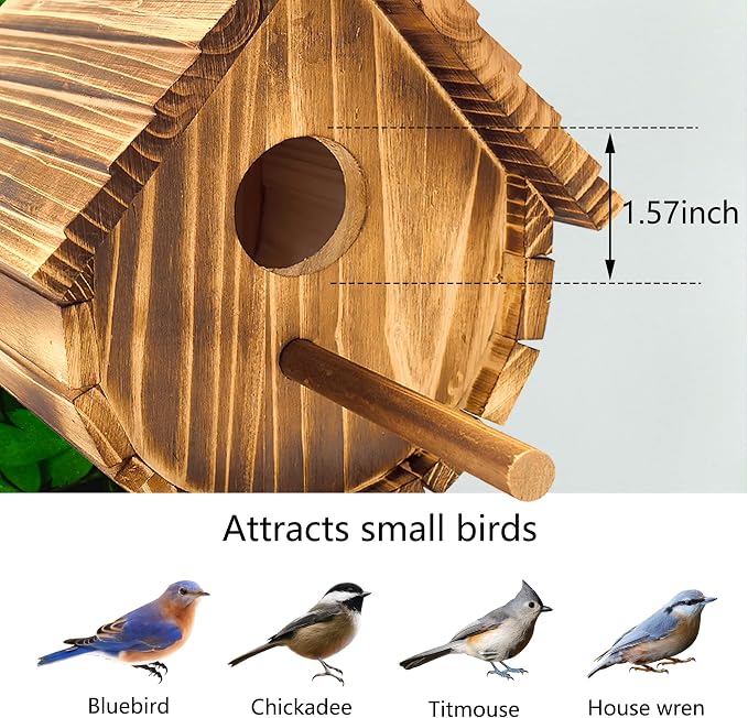 1 Pack Wren Houses for Outdoors,Natural Wooden Hanging Bird House for Chickadee,Bluebird,Handmade from Natural Wood for Garden Decorations