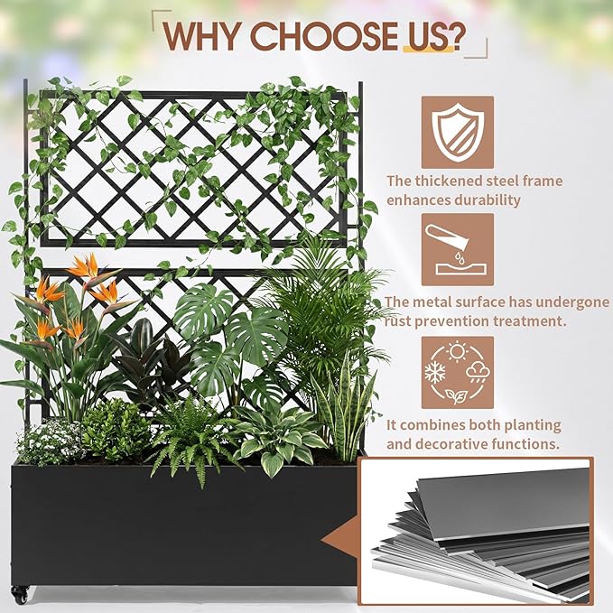 VINGLI 71″H Metal Raised Garden Bed with Trellis and Wheels, Outdoor Planter Box with Drainage Holes for Climbing Plants, Vegetables and Vines, Privacy Screen, for Patio, Backyard and Balcony, Black