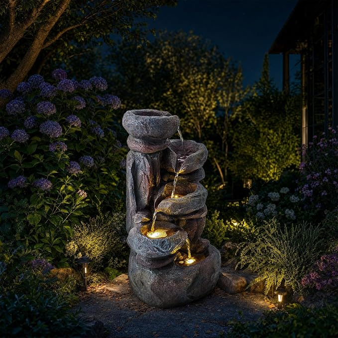 Solarbloom 19.9" H Water Fountain Outdoor/Indoor, Garden Fountain, 5-Tiers Cascading Stacked Stone Bowl Waterfall Fountain with LED Lights for Patio Yard Deck Decor