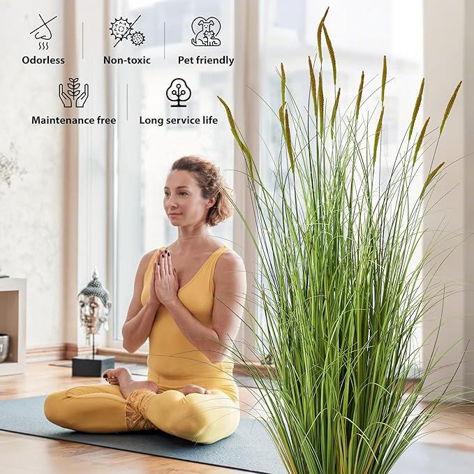 KOL 4ft Artificial Cattail Grass, 47.2in Artificial Indoor Outdoor Fake Onion Plant, Home Office Decor Floor Plants & Flowers in Pot Faux Plant Greenery, Housewarming Gift Reed Grass, Green