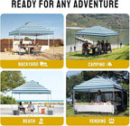 CROWN SHADES 10x10 Pop Up Canopy - Beach Tent with One Push Setup - Easy Outdoor Sun Shade for Events, Parties, Camping - Gazebo with STO-N-Go Cover Bag, Silver Coated Top, Cyan Blue Stripes