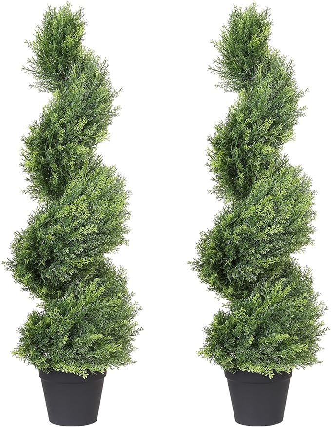 THE BLOOM TIMES 3ft Artificial Topiary Trees Set of 2, 36 inch Faux Cedar Cypress Spiral Topiary Trees Outdoor - Fake Plants for Garden Front Porch Indoor Outside Planter Decor 3 Foot