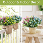 Geegoods Artificial Plants Flowers Outdoor – 24 Bundles UV Resistant Faux Lavender Flowers with Monkey Grass for Garden Porch Window Patio Hanging Planter Decor