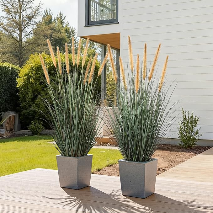 FloraFairy 4ft Onion Grass, Artificial Plant and Greenery, 48in Faux Horsetail Reed Grass with 10 Feathery Flower Heads, Potted Fake Floor Plants for Indoor Outdoor, House Decorative