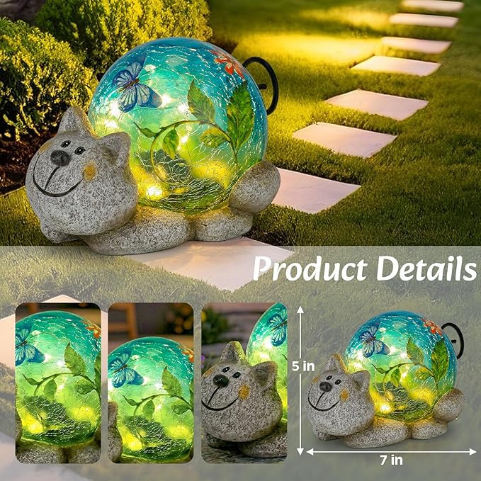 Afirst Solar Garden Statues Outdoor Figurines - Cat Lawn Ornament with Solar Lights Cracked Glass Outdoor Decor for Patio Yard Decorations