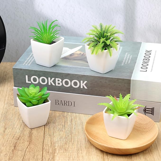 4 Pack Small Fake Plants Artificial Succulent Plants Assorted Fake Mini Succulents Plastic Plant Faux Potted Set for Home Decor Greenery Bathroom Shelf Room Indoor