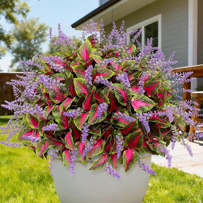 12 Bundles Artificial Coleus Flowers | UV Resistant No Fade Silk Faux Plants | Spring Summer Outdoor Fake Greenery for Garden Patio Planters Front Porch Pathway Decor (Pink)