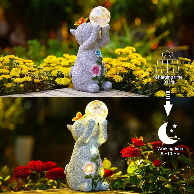 Goodeco Solar Cat Garden Statue - Outdoor Cat Decor with Solar Butterfly & Succulent Flowers LED Lights for Garden Enthusiasts - Ideal Gifts for Mom & Birthdays