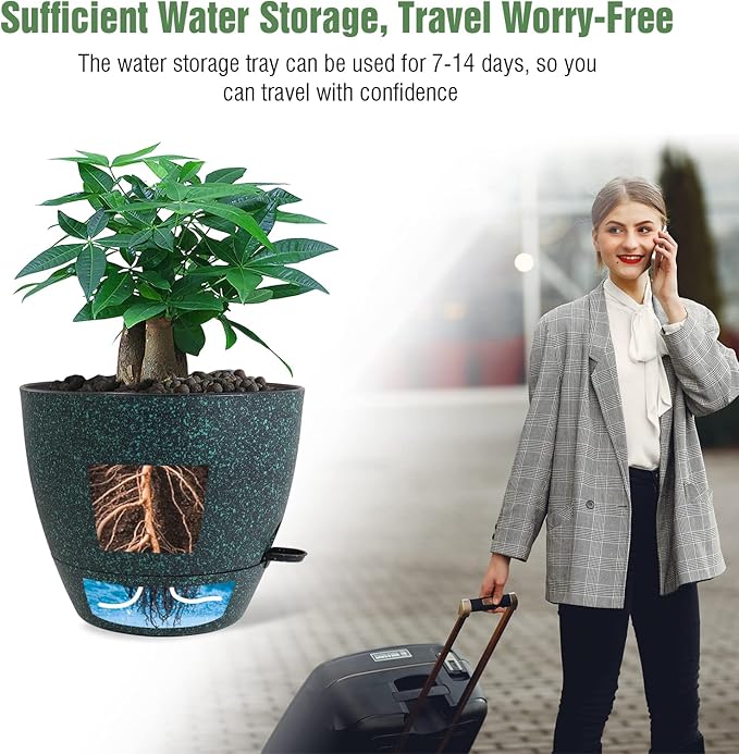 UOUZ 12 inch Large Self Watering Pots, Plastic Planters with 60oZ Removable Deep Reservoir and Multi Mesh Drainage Holes for Indoor Outdoor Garden Plants and Flowers, Black with Green Speckles
