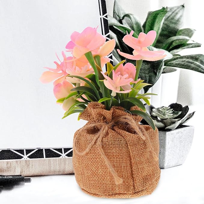KALLORY Artificial Phalaenopsis Orchid Potted Plant Faux Bonsai with Jute Bag, Simulation Orchid Flower Home Tabletop Decor for Living Room and Office,