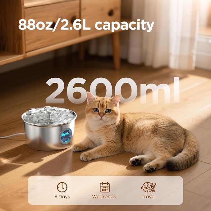 Pet Water Fountain Stainless Steel: Cat Fountain with 8 Filters & 8 Sponges | 88oz/2.6L Automatic Cat Watering Dispenser Bowl with Water Level Window - IHOUONE Quiet Fountains for Cats & Dogs Owners