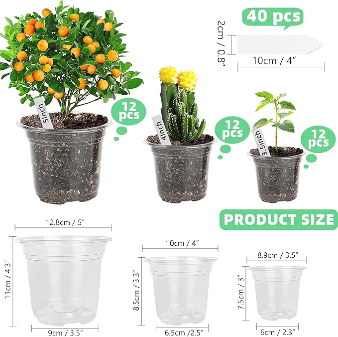 LOCONHA Small Plastic Plant Nursery Pot/Pots (36 Packs 5/4/3.5 Inch Plant Pot and 40 Plant Labels) Seedlings Flower Plant Container (Transparent) Seed Starting Pots Indoor Outdoor
