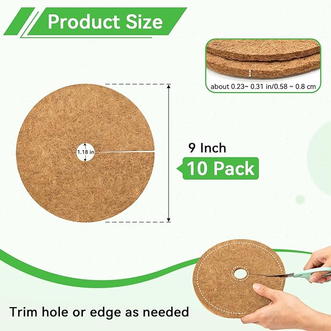 ZeeDix 10 Pack Coconut Fiber Mulch Ring, 9 Inch Coco Coir Tree Ring Mulch Mat, 100% Natural Tree Protector Mat Plant Cover Ring Coconut Coir Discs Tree Mats Mulch Rings for Indoor Outdoor Trees Plants