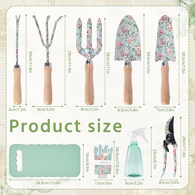 10-Piece Floral Garden Tools Set with Tote Bag, Heavy Duty Gardening Kit with Pruning Shears, Trowels, Rake, Sprayer, Kneeling Pad & Gloves - Gift for Women, Gardener, Mother's Day