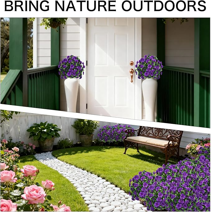 Artificial Flowers for Outdoors, Faux Outdoor Plants Fake Plants Topiary Balls Artificial Outdoor Set of 2 with Ground Spike for Home Front Porch Patio Garden Decor (Purple)