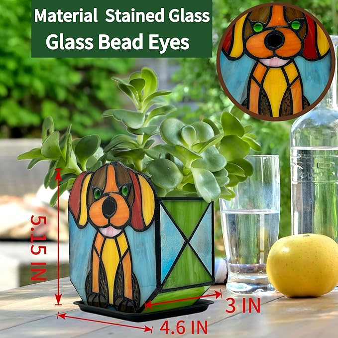 Tiffany Style Dog Planter,Indoor Plant Pots with Drainage,Unique Cactus Pot,Arrange Dried Flowers Flower Pots,Plant Gifts for Dog Lovers
