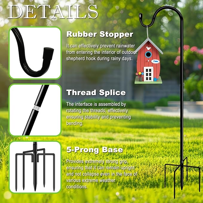 Shepherds Hooks for Outdoor 42 Inch Garden Bird Feeder Pole with 5 Prongs Base Adjustable for Hanging Flower Basket Plant Pot Solar Lantern Light Wind Chime Hanger for Wedding Decor 2 Pack