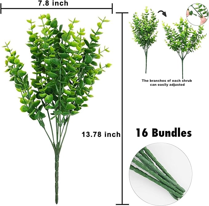 Fake Plants Flowers Outdoor Artificial Shrubs - 16 Bundles UV Resistant No Fade Faux Plastic Greenery Home Garden Porch Patio Decoration Office Indoor (Green)