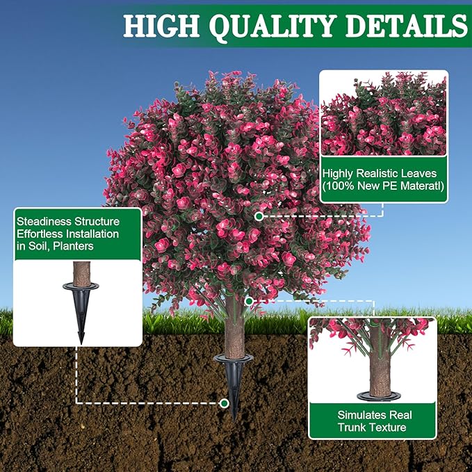 AOKIIE Set of 2 Artificial Rose Boxwood Topiary Ball Tree for Outdoor with Ground Spike, 22" UV Resistant Faux Greenery Shrubs, Fake Plants for Garden Yard Porch Patio(Rose)