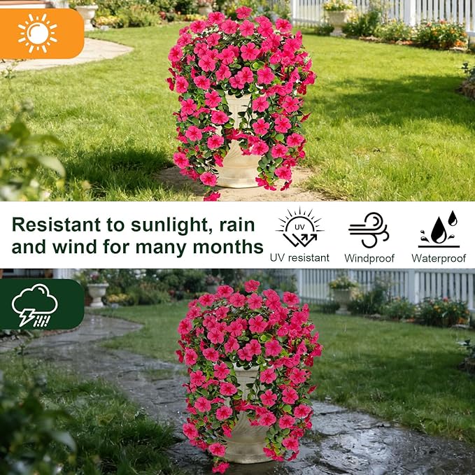 Artificial Geranium Hanging Flowers for Outdoor Decoration, 2 Bundles UV Resistant Silk Geranium Fake Plants Faux Flowers for Front Porch Garden Patio Window Box Outside Indoor Decor (Rose Red)