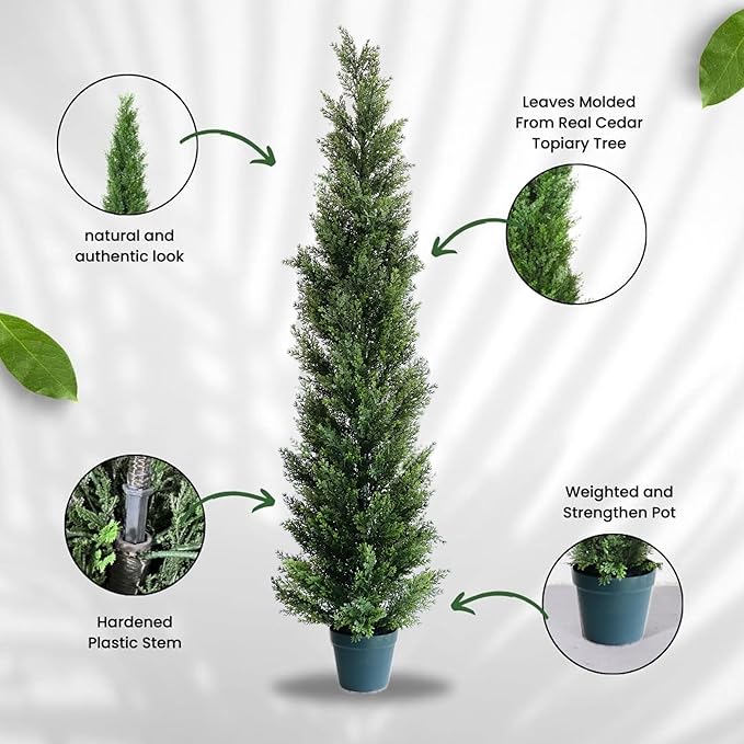5 Feet Outdoor Artificial Topiary Cedar Tree, Set of 2 UV Resistant Potted Faux Cedar Trees for Outdoors and Indoors, Decorative Fake Shrubs Topiary Trees for Home Living Room Front Door Decor