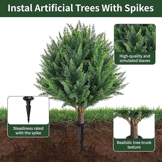 24.5Inch Artificial Cedar Topiary Ball Trees Set of 4 - UV Resistant Faux Shrub Bushes with Ground Spike, Indoor/Outdoor Artificial Plants for Front Porch, Garden, Patio & Planters