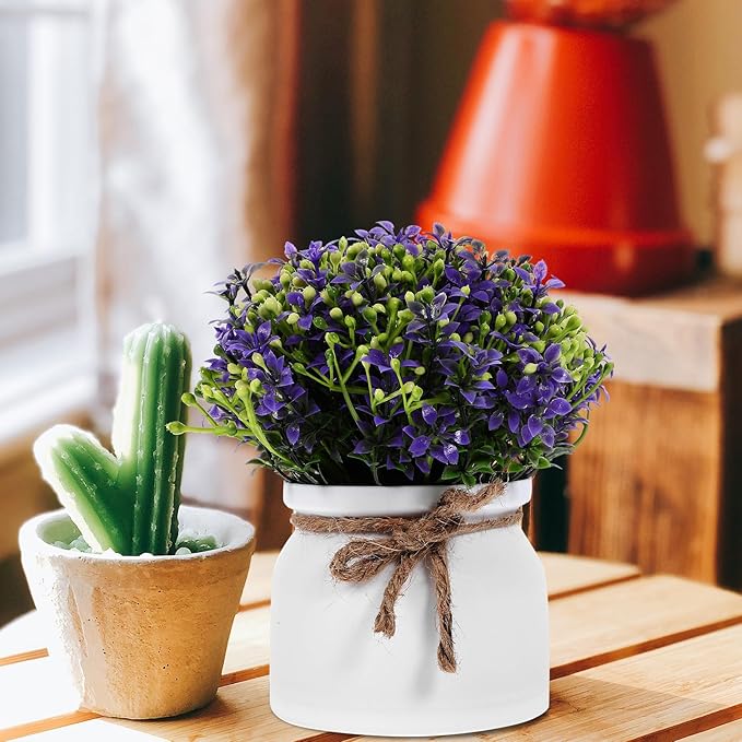 SOLUSTRE Artificial Purple Orchid Faux Potted Flower Small Desktop Artificial Plant Decor for Home Living Room Tabletop Greenery