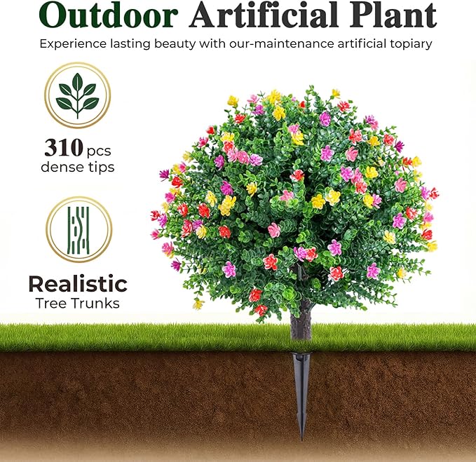 PATIO CHOICE Topiary Trees Artificial Outdoor Boxwood Ball Trees with Ground Spike Set of 2 22" Fake Outdoor Plants Faux Bushes and Shrubs Decorations for Outdoor Indoor Front Porch Garden