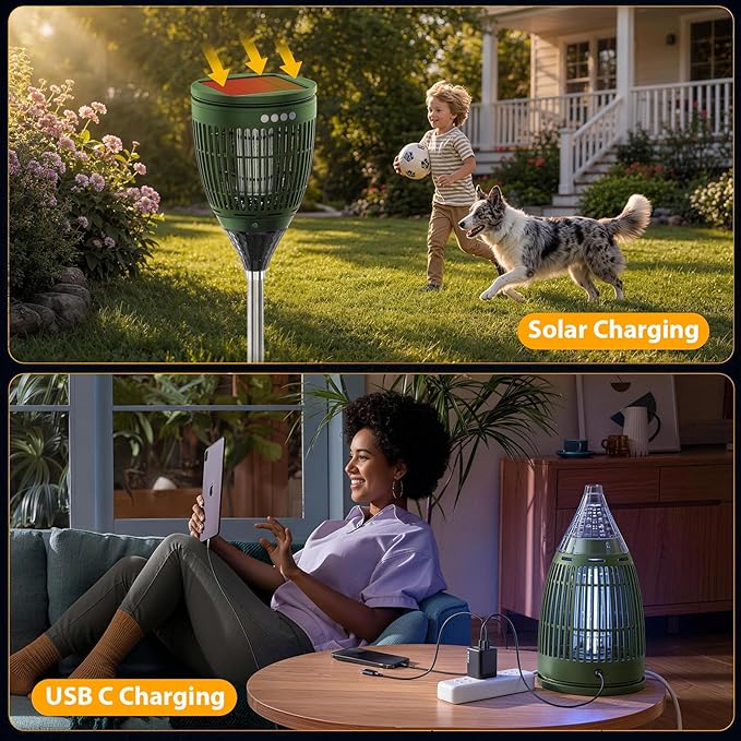 Rossetta Solar Bug Zapper Outdoor, Mosquito Zapper with Flame Lamp & Projector Light, 4200V Electric Fly Zapper Waterproof Rechargeable Mosquito Killer, Cordless Fly Trap for Patio, Backyard, Garden